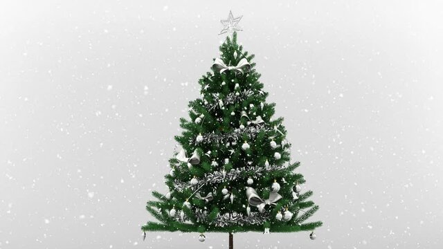 Animation of snow falling over christmas tree on white background