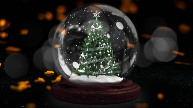 Animation of shooting star and golden glitter over snow globe