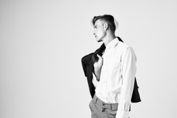 man in a white shirt with a jacket fashionable hairstyle attractive look