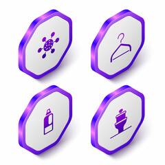 Set Isometric Bacteria, Hanger wardrobe, Bottle for detergent and Toilet bowl icon. Purple hexagon button. Vector