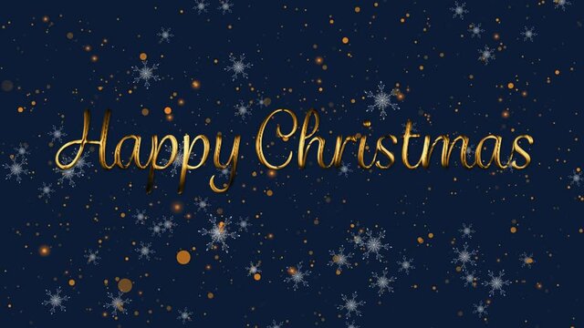 Animation of happy christmas over golden dots snow on navy background