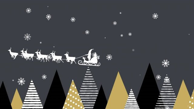 Animation of santa claus in sleigh with reindeer over fir trees and falling snow