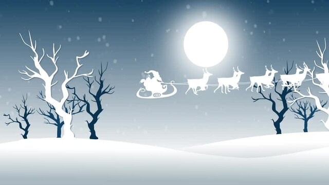 Animation of santa claus in sleigh with reindeer over snow falling and winter landscape