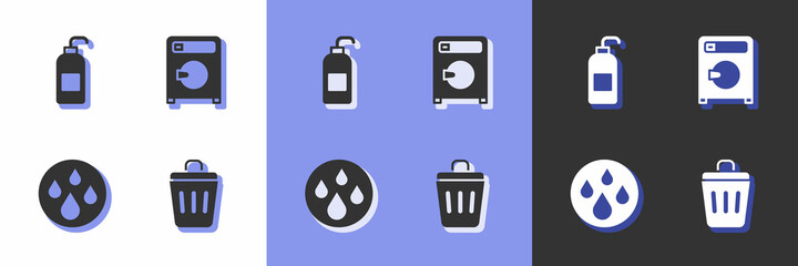 Set Trash can, Antibacterial soap, Water drop and Washer icon. Vector