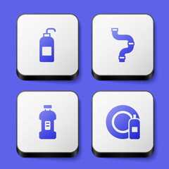 Set Antibacterial soap, Industry metallic pipe, Bottle for detergent and Dishwashing bottle and plate icon. White square button. Vector