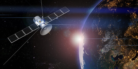 Communication satellite floating in space with a globe in the background transmitting via satellite 3D illustration
