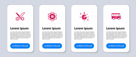 Set School Bus, Trigonometric circle, Atom and Scissors. Business infographic template. Vector