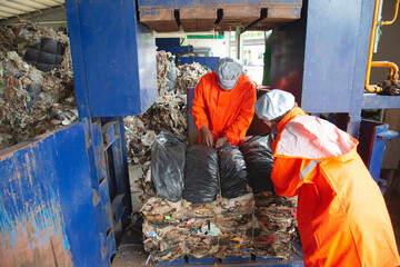 The waste disposal plant compresses the waste to be transported for recycling.