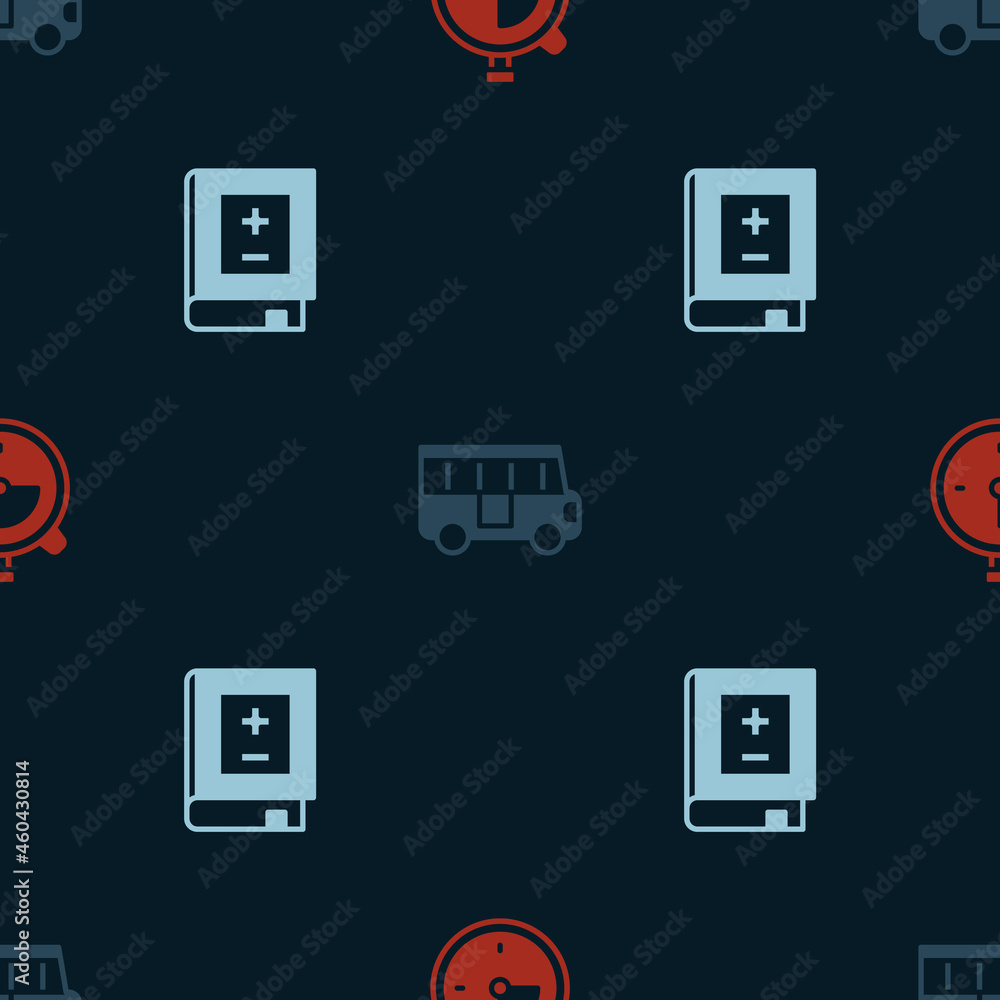 Poster set stopwatch, school bus and book with mathematics on seamless pattern. vector