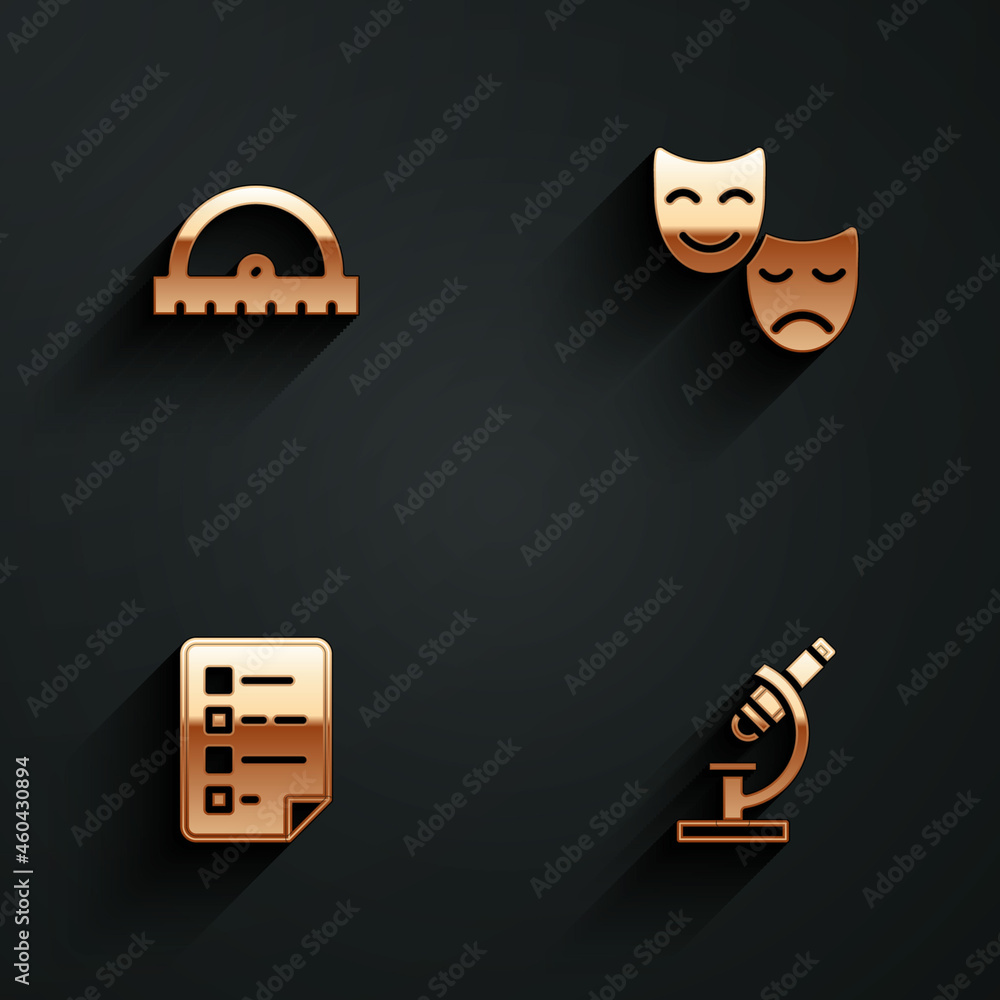 Aufkleber set protractor grid, comedy and tragedy masks, clipboard with checklist and microscope icon with lon