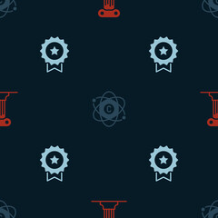 Set Law pillar, Atom and Medal with star on seamless pattern. Vector