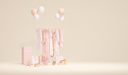 Clothes on a hanger surrounding by shopping bag and gift on pastel pink background. Collection of clothes hanging on a rack in purple colors. 3d rendering, store and sale concept