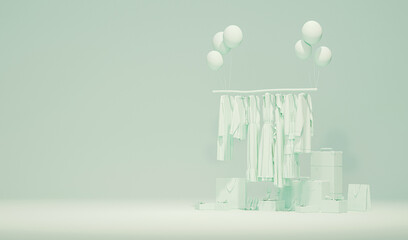 Clothes on a hanger surrounding by shopping bag and gift on pastel blue background. Collection of clothes hanging on a rack in neutral green colors. 3d rendering, store and sale concept