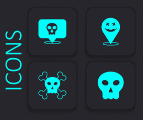 Set Skull, Happy Halloween holiday and on crossbones icon. Black square button. Vector