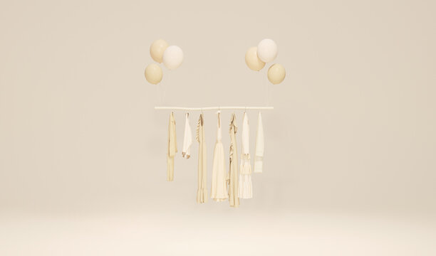Clothes on a hanger surrounding by shopping bag and gift on pastel background. Collection of clothes hanging on a rack in neutral beige colors. 3d rendering, store and sale concept
