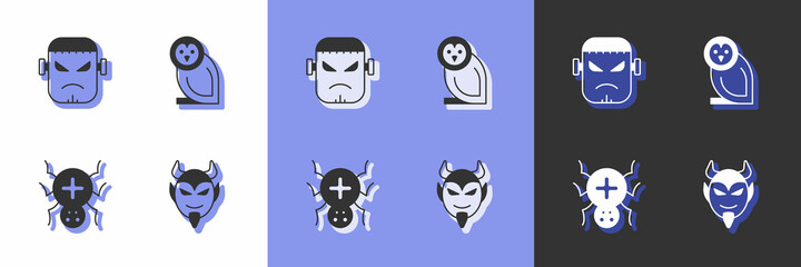 Set Devil head, Frankenstein face, Spider and Owl bird icon. Vector