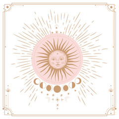 Vector illustration set of moon phases. Different stages of moonlight activity in vintage engraving style. branches of plants and flowers. sacred isoteric geometry