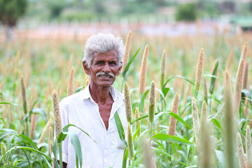 Indian old farmer holding Pearls millets in farmland © SBM Creatives