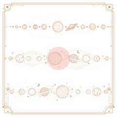 Vector illustration set of moon phases. Different stages of moonlight activity in vintage engraving style. branches of plants and flowers. sacred isoteric geometry