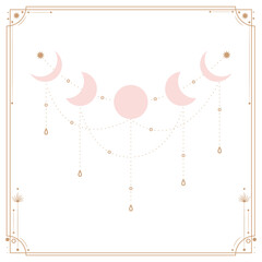 Vector illustration set of moon phases. Different stages of moonlight activity in vintage engraving style. branches of plants and flowers. sacred isoteric geometry