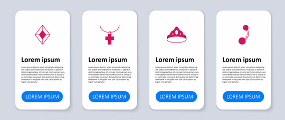 Set Piercing, King crown, Christian cross on chain and Gem stone. Business infographic template. Vector