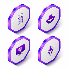 Set Isometric Earrings, Necklace on mannequin, Diamond and Gem stone icon. Purple hexagon button. Vector