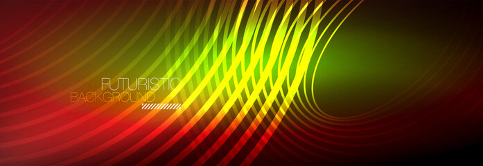 Dark abstract background with glowing neon circles. Trendy layout template for business or technology presentation, internet poster or web brochure cover, wallpaper