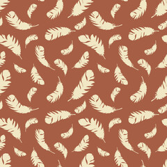 Bird light feathers fly on a brown background. Seamless pattern for modern fabrics, trendy textiles, decorative pillows, paper products. 