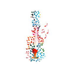 Acoustic guitar with leaves isolated for live concert events, jazz music festivals and shows, party flyer. Musical promotional poster with musical instrument, colorful vector illustration