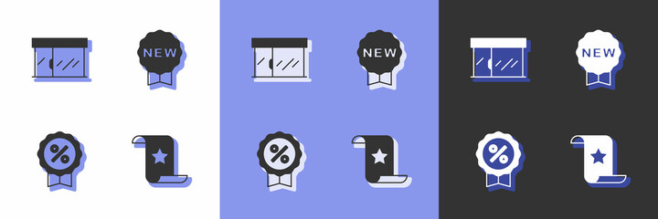 Set Paper check and financial check, Market store, Discount percent tag and Price with New icon. Vector