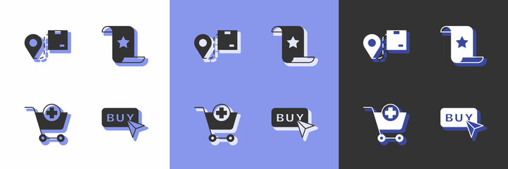 Set Buy button, Location with cardboard box, Add Shopping cart and Paper check and financial check icon. Vector