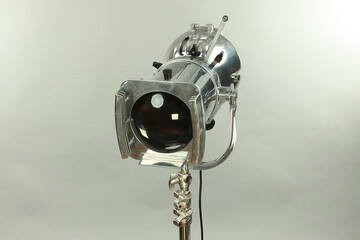 1963 vintage chrome studio, theatre spot light  on tripod stand