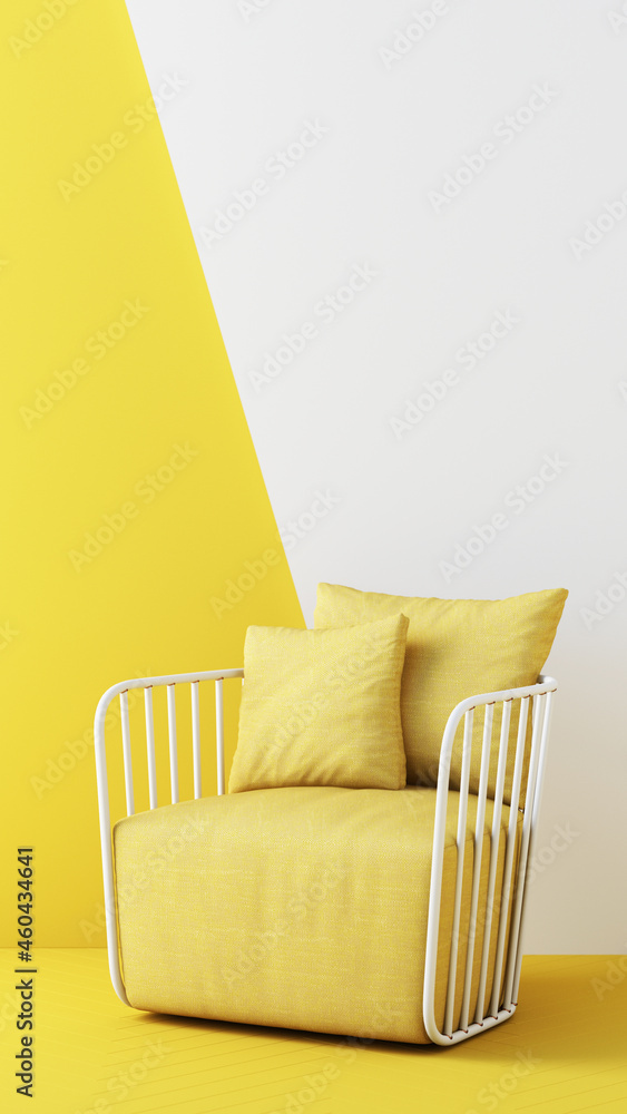 Poster yellow color chairs, sofa, armchair in empty background. surrounding by geometric shape concept of m