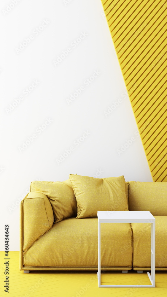 Poster yellow color chairs, sofa, armchair in empty background. surrounding by geometric shape concept of m