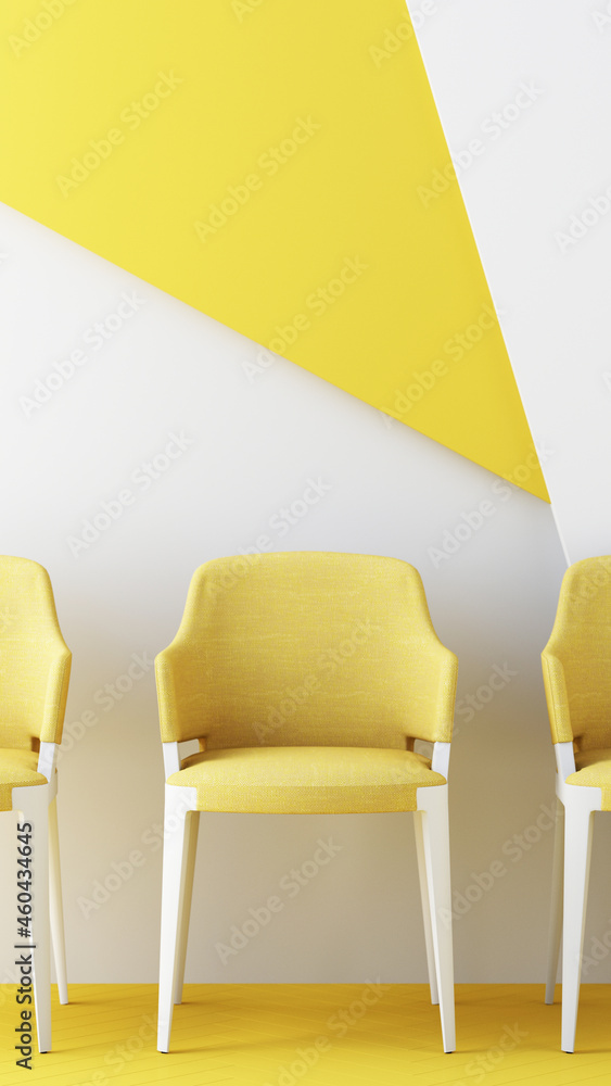 Poster yellow color chairs, sofa, armchair in empty background. surrounding by geometric shape concept of m