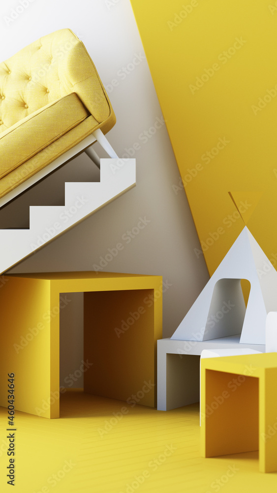 Poster yellow color chairs, sofa, armchair in empty background. surrounding by geometric shape concept of m