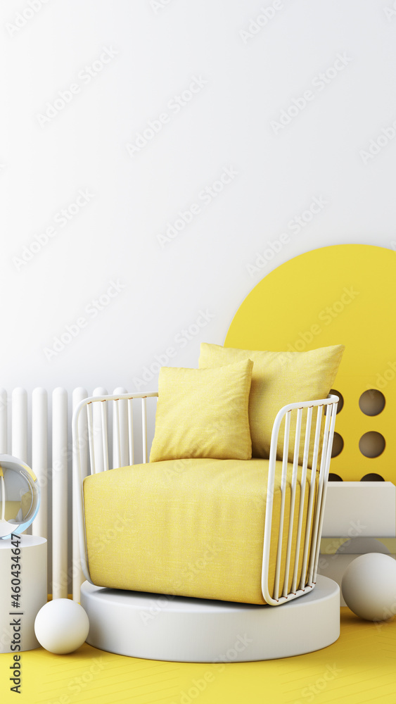 Poster yellow color chairs, sofa, armchair in empty background. surrounding by geometric shape concept of m