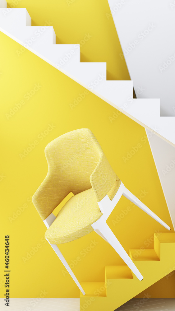 Poster yellow color chairs, sofa, armchair in empty background. surrounding by geometric shape concept of m