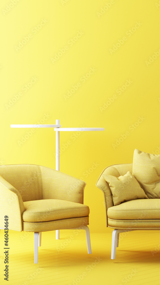 Poster yellow color chairs, sofa, armchair in empty background. surrounding by geometric shape concept of m