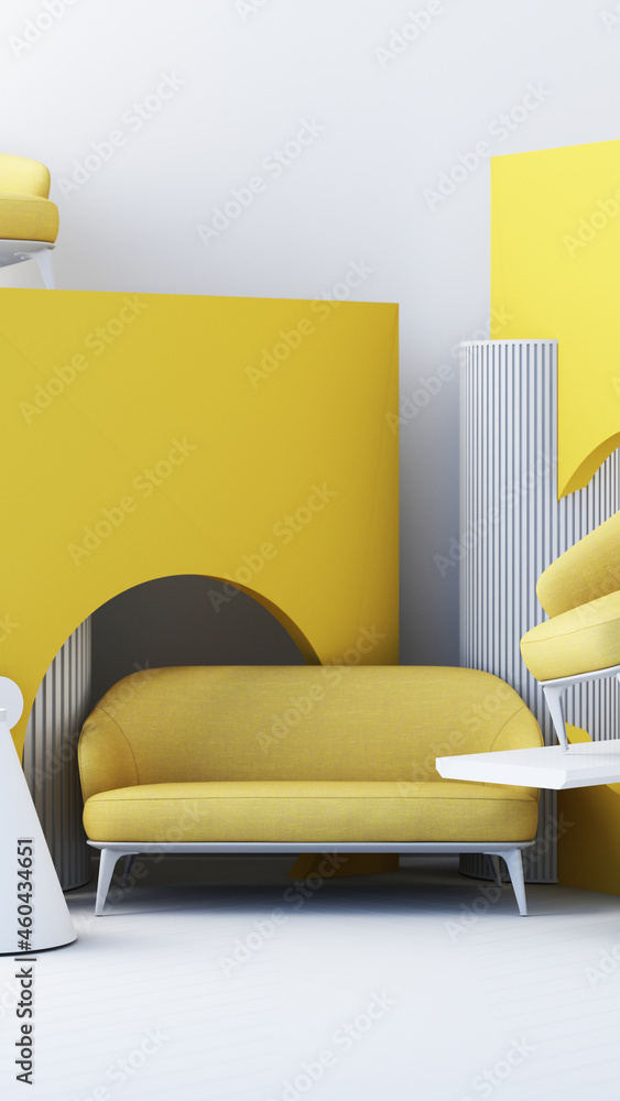 Poster yellow color chairs, sofa, armchair in empty background. surrounding by geometric shape concept of m