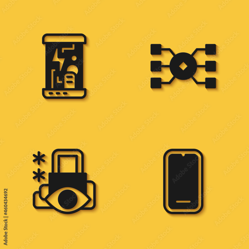 Poster set cryogenic capsules, mobile phone, cyber security and neural network icon with long shadow. vecto