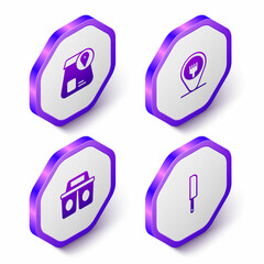 Set Isometric Online ordering food, Cafe and restaurant location, Coffee cup to go and Knife icon. Purple hexagon button. Vector
