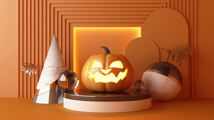 October Halloween Pumpkins head growing with geometric shape with product stand mock up for present on orange color background 3d rendering