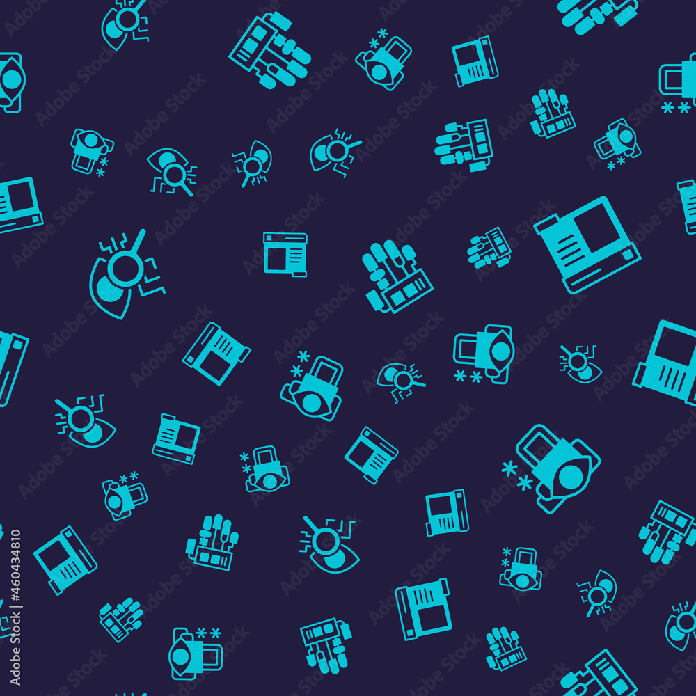 Poster set eye scan, browser window, mechanical robot hand and cyber security on seamless pattern. vector