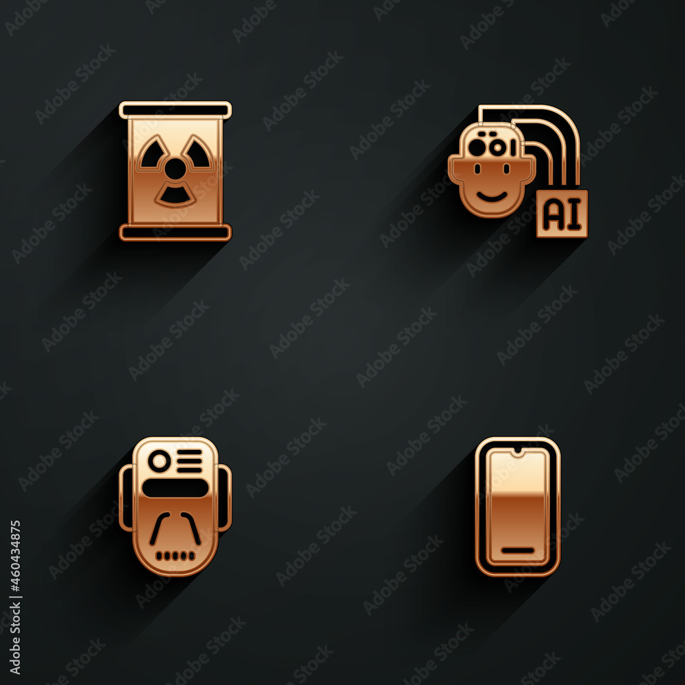Poster set radioactive waste in barrel, humanoid robot, artificial intelligence and mobile phone icon with 