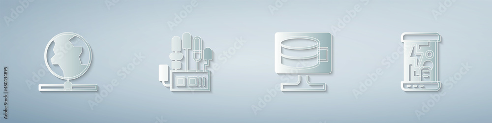 Poster set global technology, mechanical robot hand, cloud database and cryogenic capsules. paper art style
