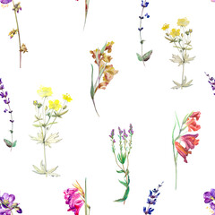 Obraz na płótnie Canvas Watercolor meadow flowers, vintage seamless pattern. Design for fabrics, textiles, wallpapers, backgrounds, covers, packaging, wrapping paper.