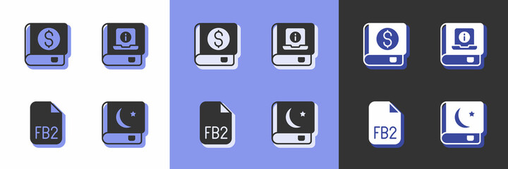 Set Holy book of Koran, Financial, FB2 File and User manual icon. Vector