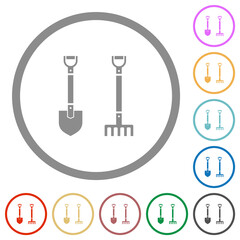 Shovel and rake flat icons with outlines
