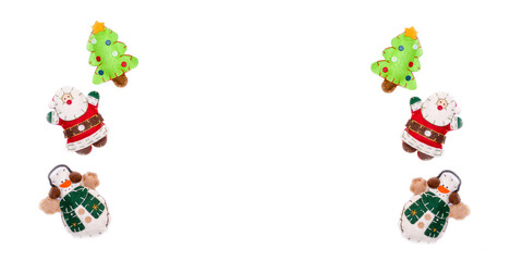 Layout santa claus, snowman, felt Christmas toys isolate on a white background. Christmas and New Year concept, place under the text. Flat lay Christmas